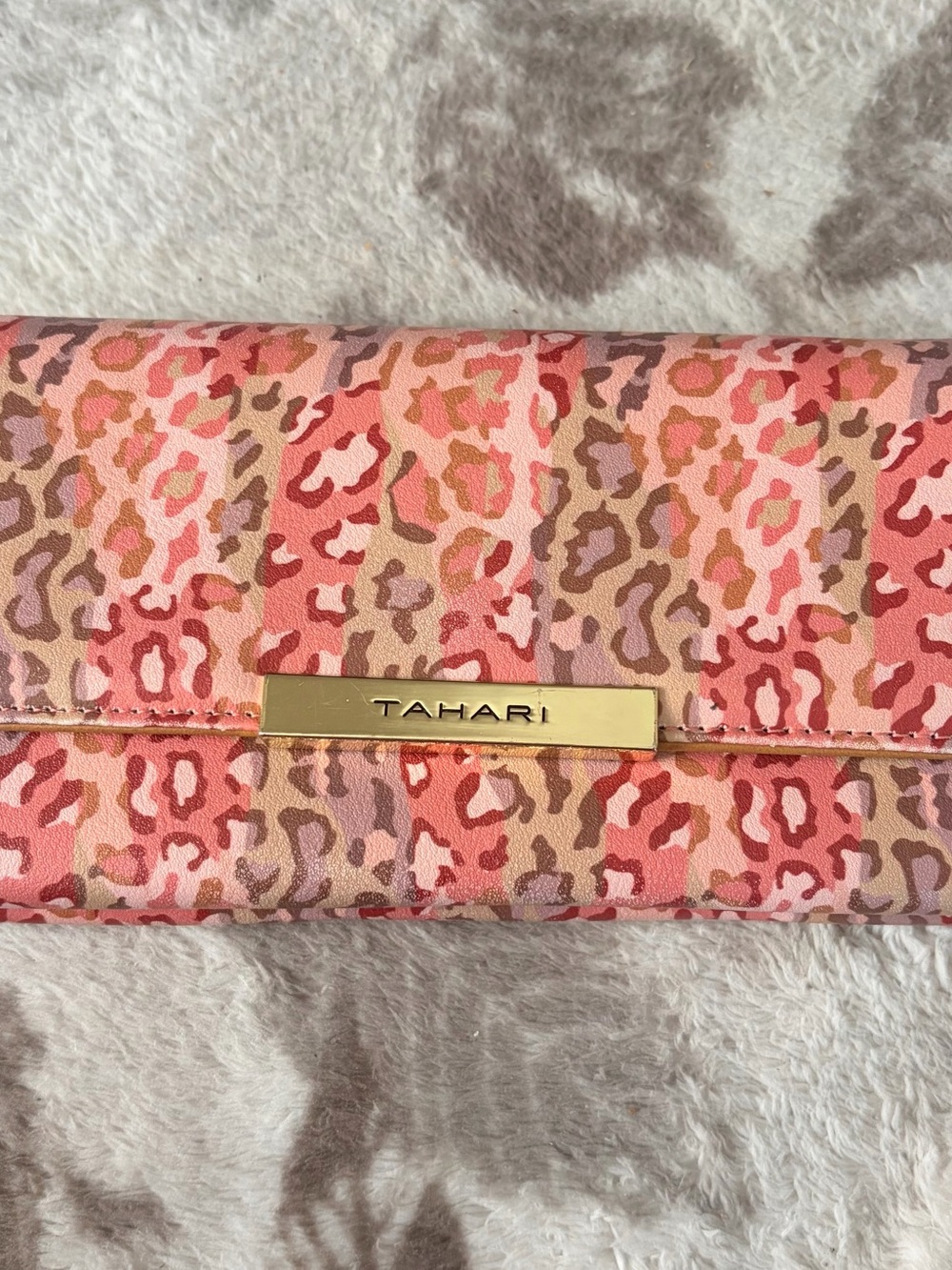 Tahari Pink and Coral Leopard Print Clutch with Gold Hardware. RFID